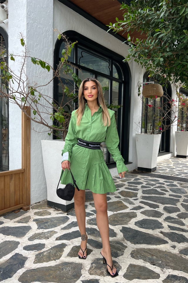 Yeşil Gömlek Yaka Mini Elbise ATE4533