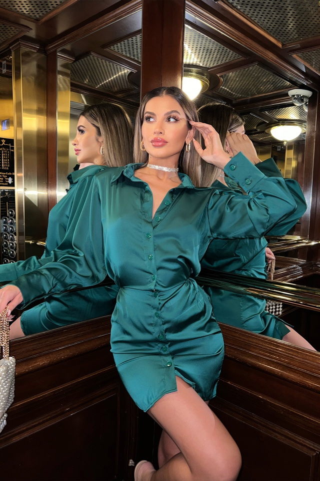 Yeşil Gömlek Yaka Mini Elbise ATE4670 