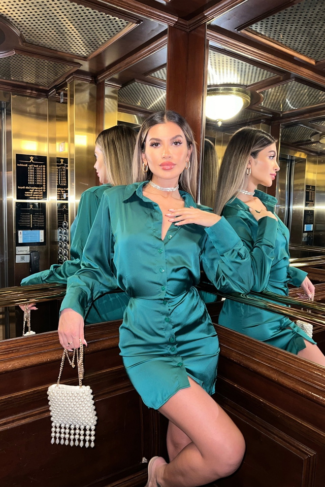 Yeşil Gömlek Yaka Mini Elbise ATE4670 - 4
