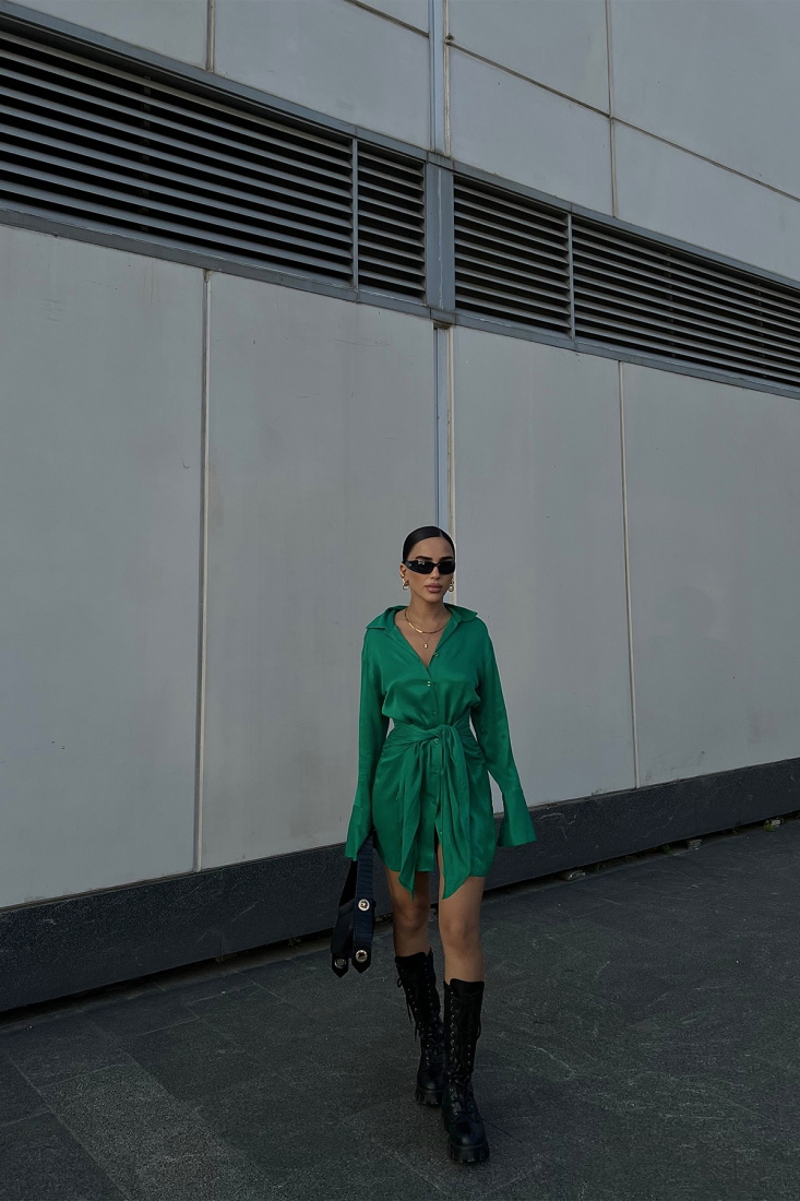 Yeşil Gömlek Yaka Saten Elbise ATE2365 - EYYO