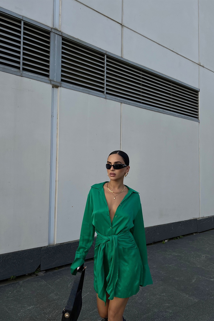 Yeşil Gömlek Yaka Saten Elbise ATE2365 - EYYO