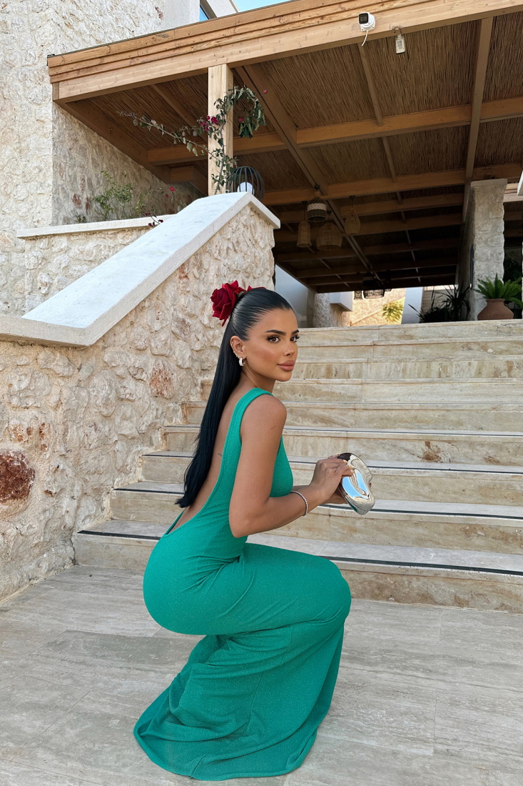 Yeşil Groente Simli Sırt Detaylı Elbise ATE-1081 - EYYO