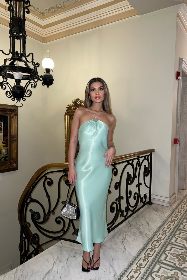 Yeşil Halka Detay Uzun Elbise ATE4251 
