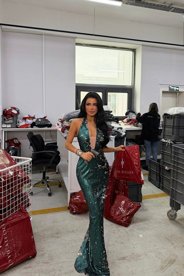 Yeşil Coquille Payetli Uzun Elbise ATE-4663 