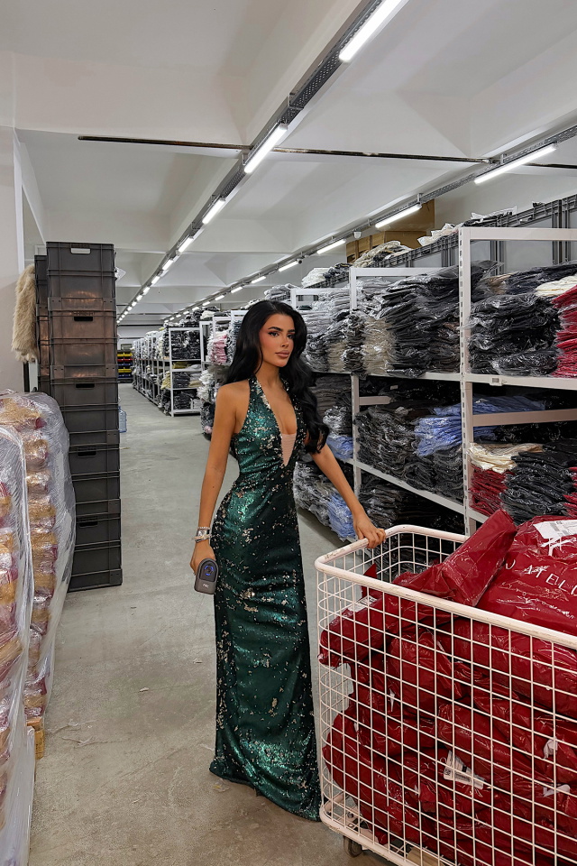 Yeşil Coquille Payetli Uzun Elbise ATE-4663 - 2