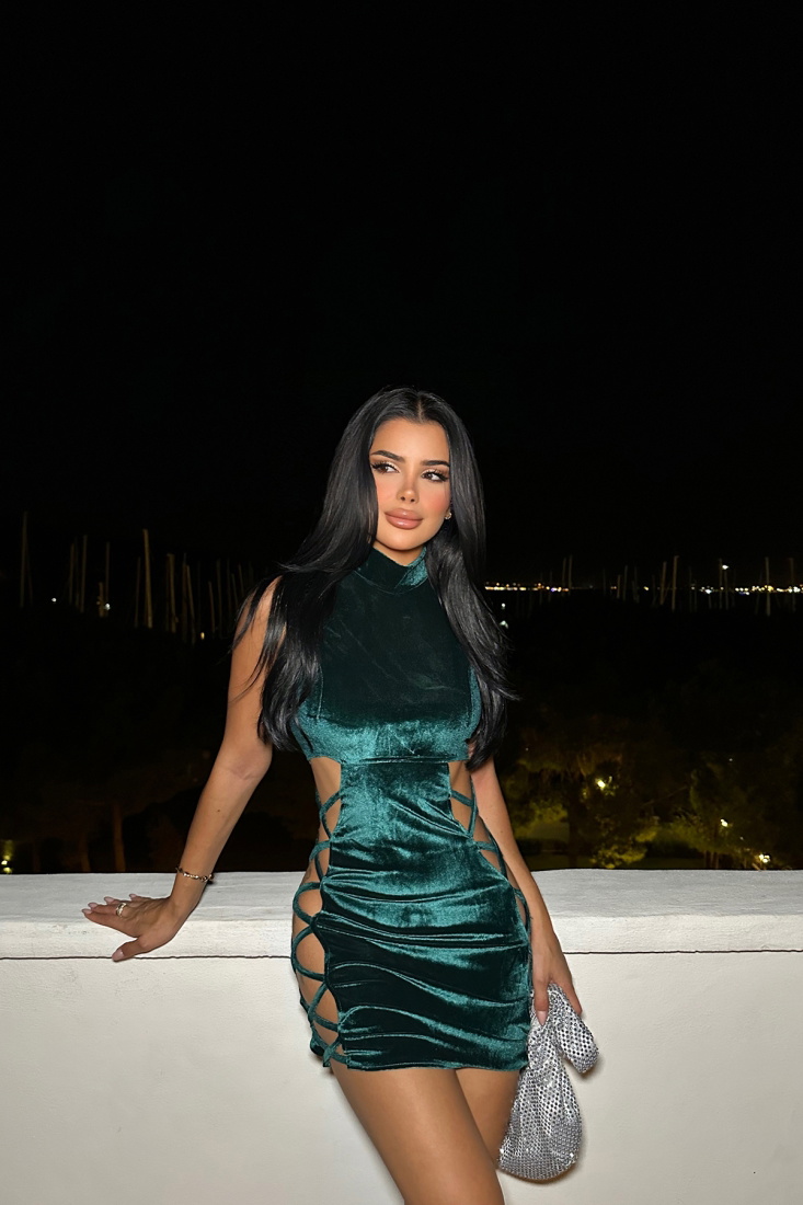 Yeşil Kadife Mini Elbise ATE8159 - EYYO