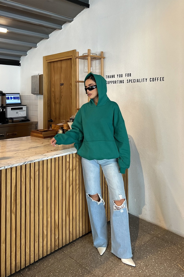 Yeşil Kapşonlu Arkası Baskılı Sweat ATE2515 - 4