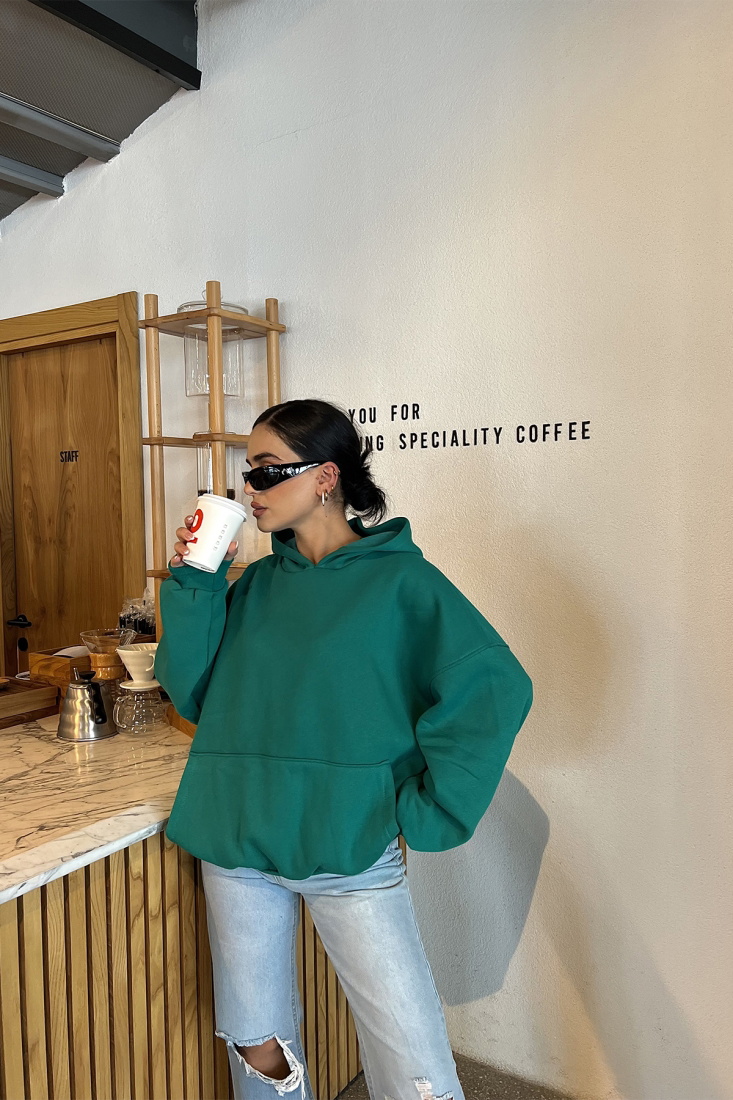 Yeşil Kapşonlu Arkası Baskılı Sweat ATE2515 - EYYO