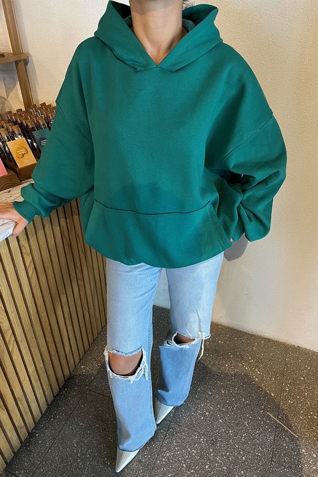 Yeşil Kapşonlu Arkası Baskılı Sweat ATE2515 - 3
