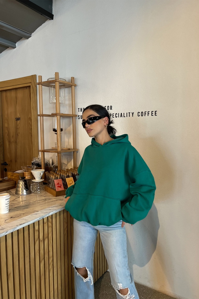 Yeşil Kapşonlu Arkası Baskılı Sweat ATE2515 - 5