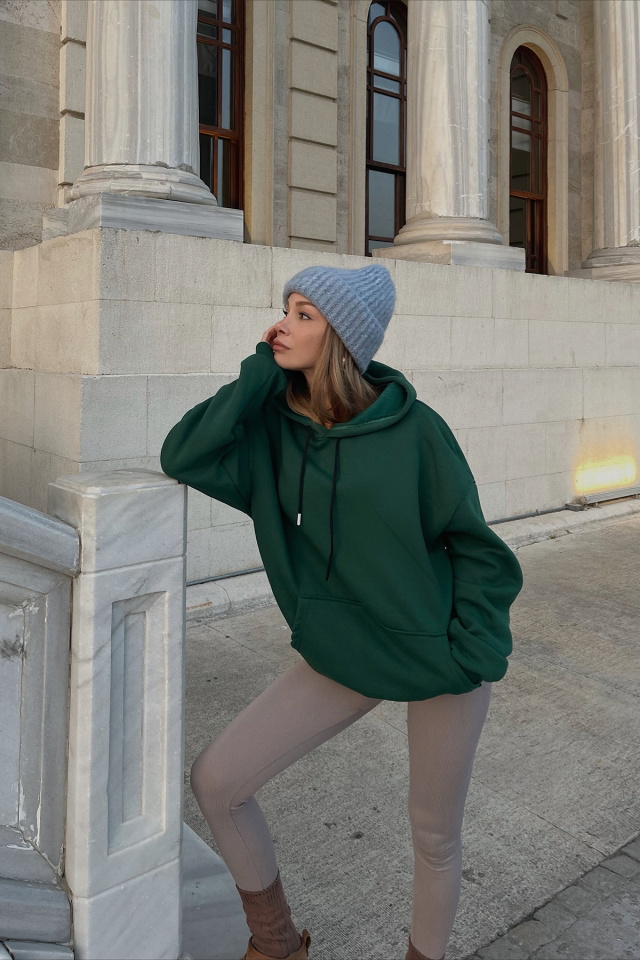 Yeşil Kapşonlu Oversize Sweat ATE3162 - 5