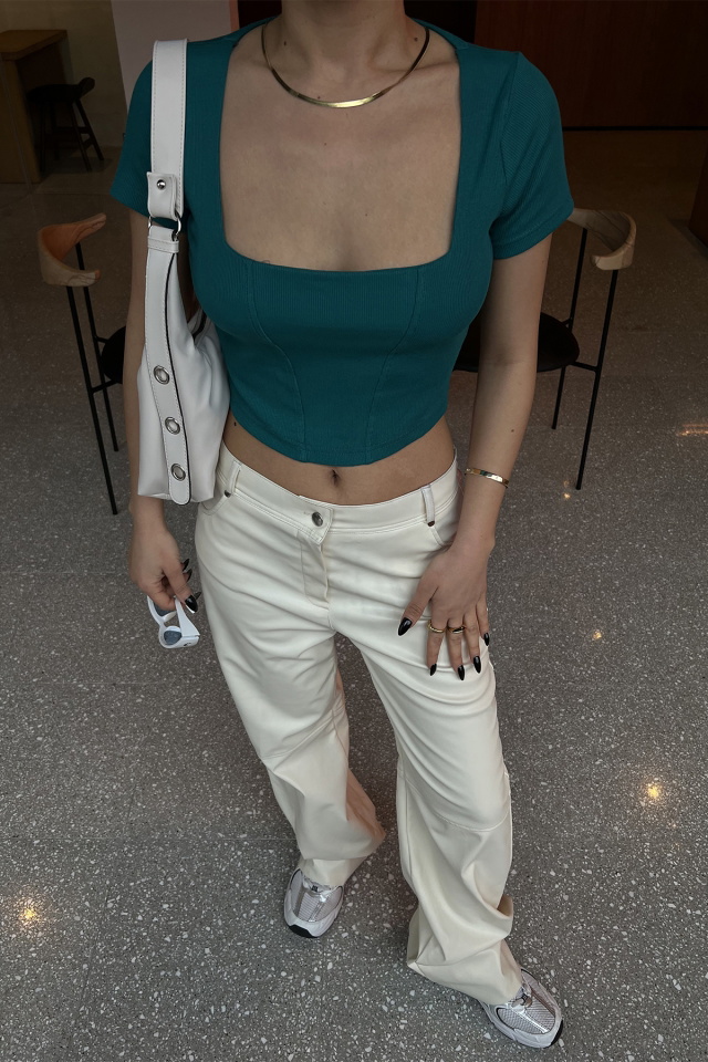 Yeşil Kare Yaka Crop Top ATE4352 - 2