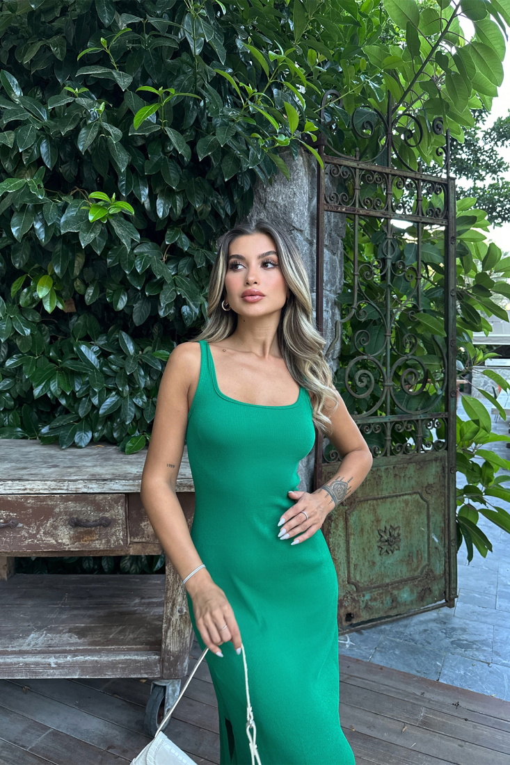 Yeşil Kare Yaka Uzun Elbise ATE7371 - EYYO