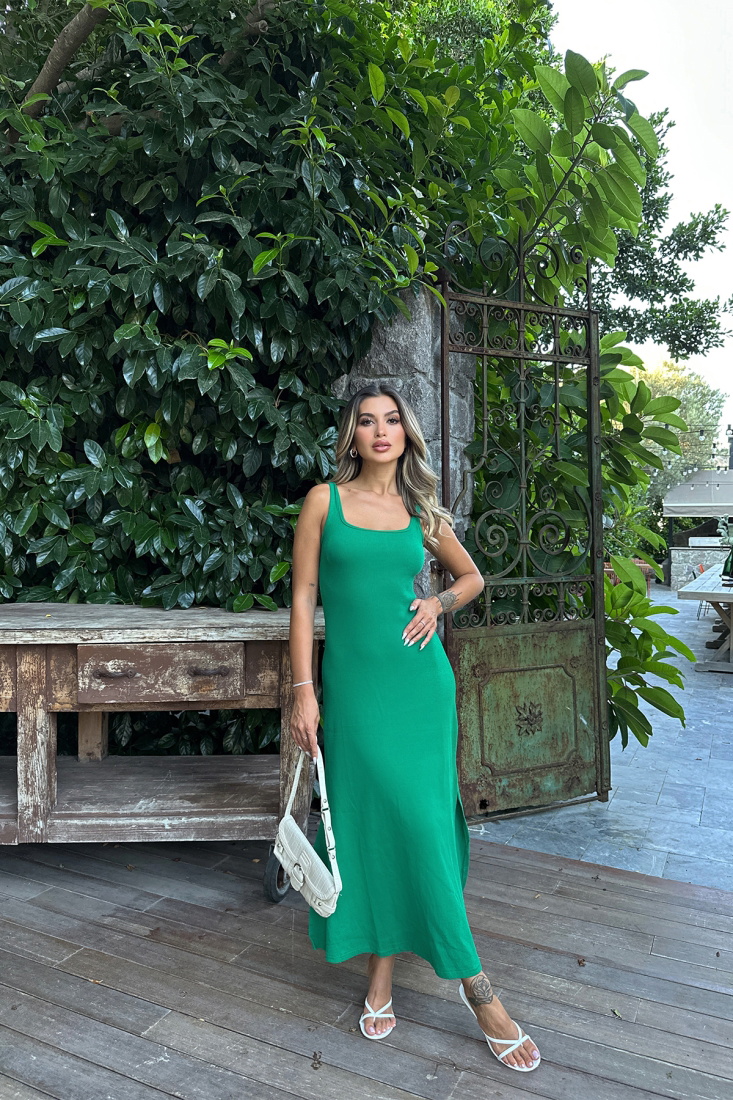 Yeşil Kare Yaka Uzun Elbise ATE7371 - EYYO