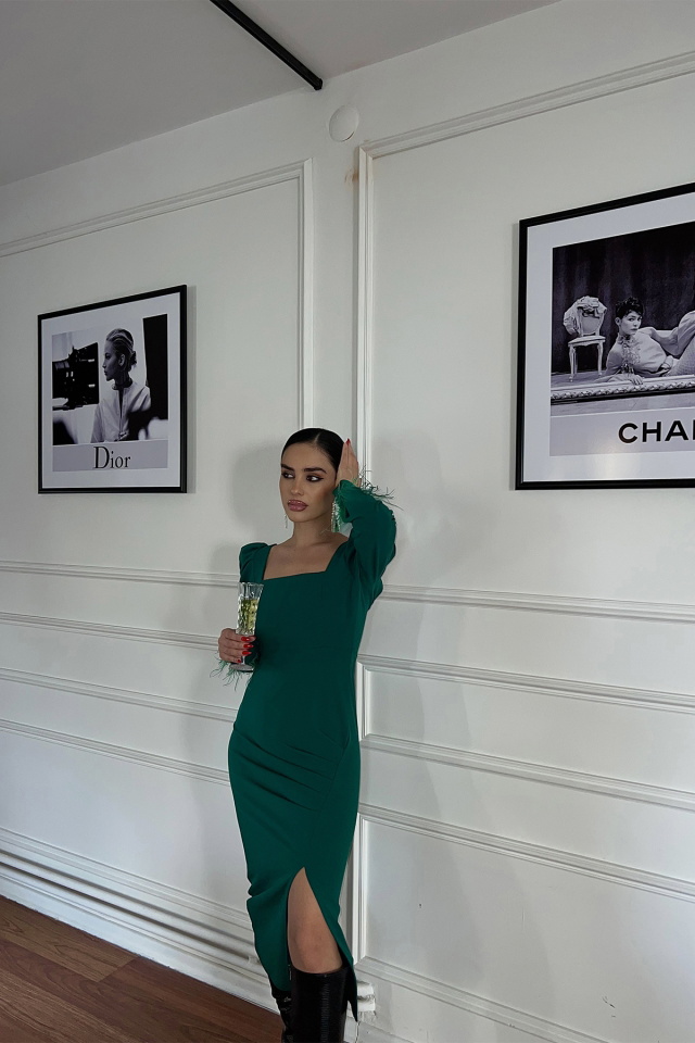 Yeşil Kare Yaka Yırtmaç Detay Elbise ATE3472 - 4