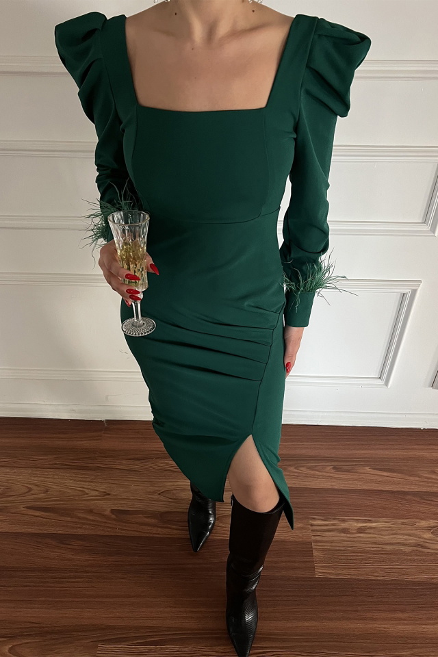 Yeşil Kare Yaka Yırtmaç Detay Elbise ATE3472 - 2