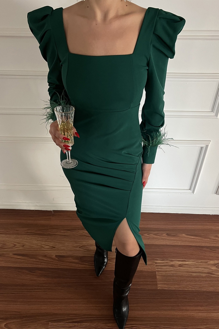 Yeşil Kare Yaka Yırtmaç Detay Elbise ATE3472 - EYYO