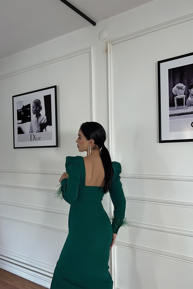 Yeşil Kare Yaka Yırtmaç Detay Elbise ATE3472 - 3