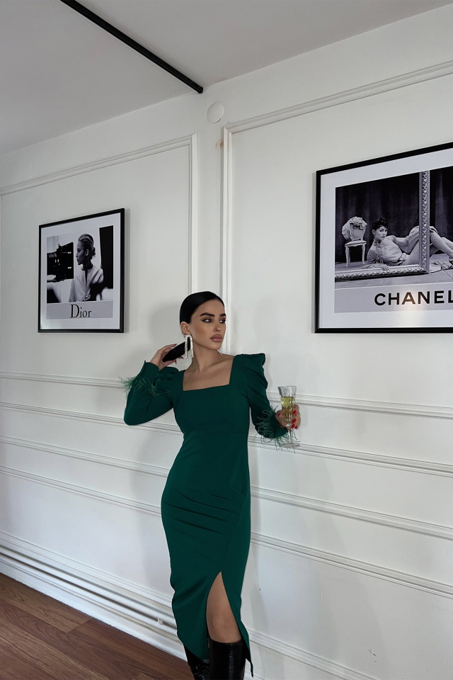 Yeşil Kare Yaka Yırtmaç Detay Elbise ATE3472 - 5