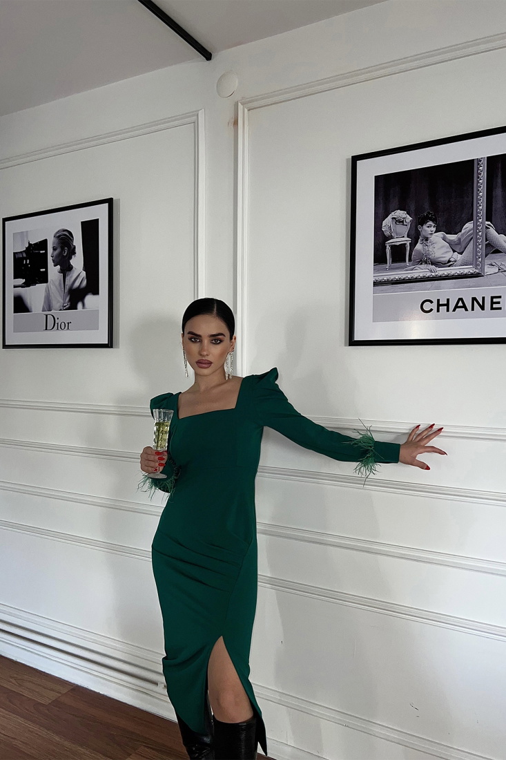 Yeşil Kare Yaka Yırtmaç Detay Elbise ATE3472 - EYYO