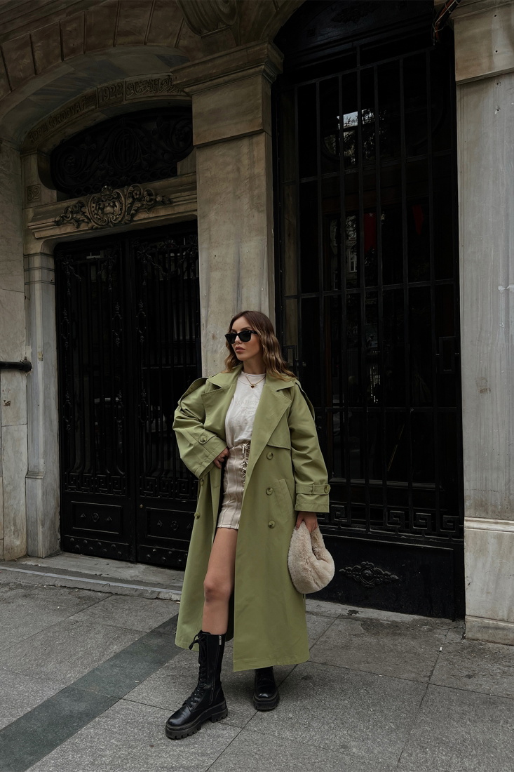 Yeşil Kolları Kemerli Trenckot ATE2404 - EYYO