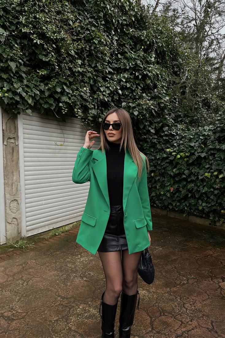 Yeşil Kruvaze Yaka Önü Düğmeli Ceket ATE4785 - EYYO