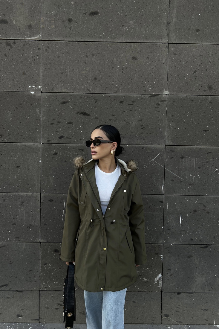 Yeşil Kürk Detay Önü Düğmeli Mont ATE2418 - EYYO