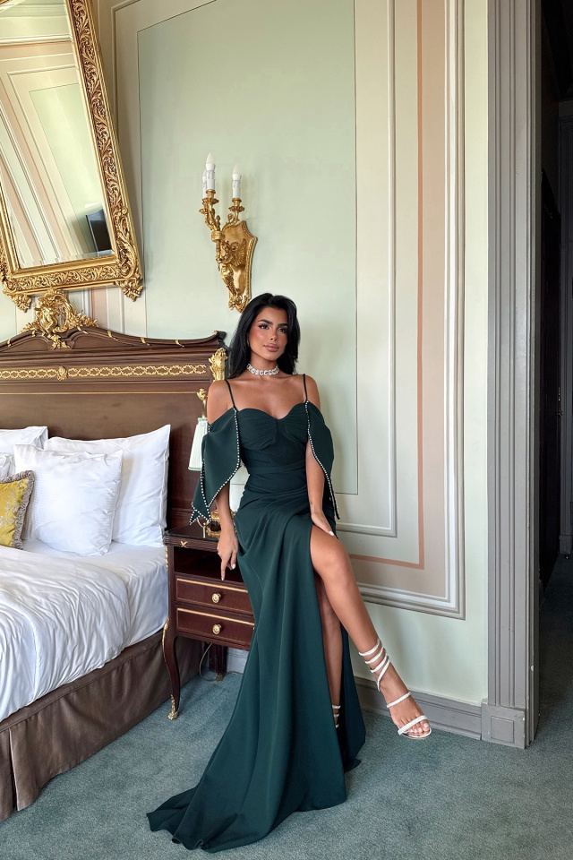 Yeşil Aella Uzun Yırtmaçlı Abiye ATE-3418 - 2