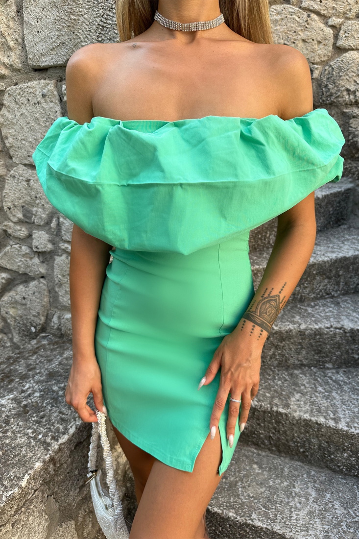 Yeşil Madonna Yaka Yırtmaç Detay Elbise ATE7634 - EYYO