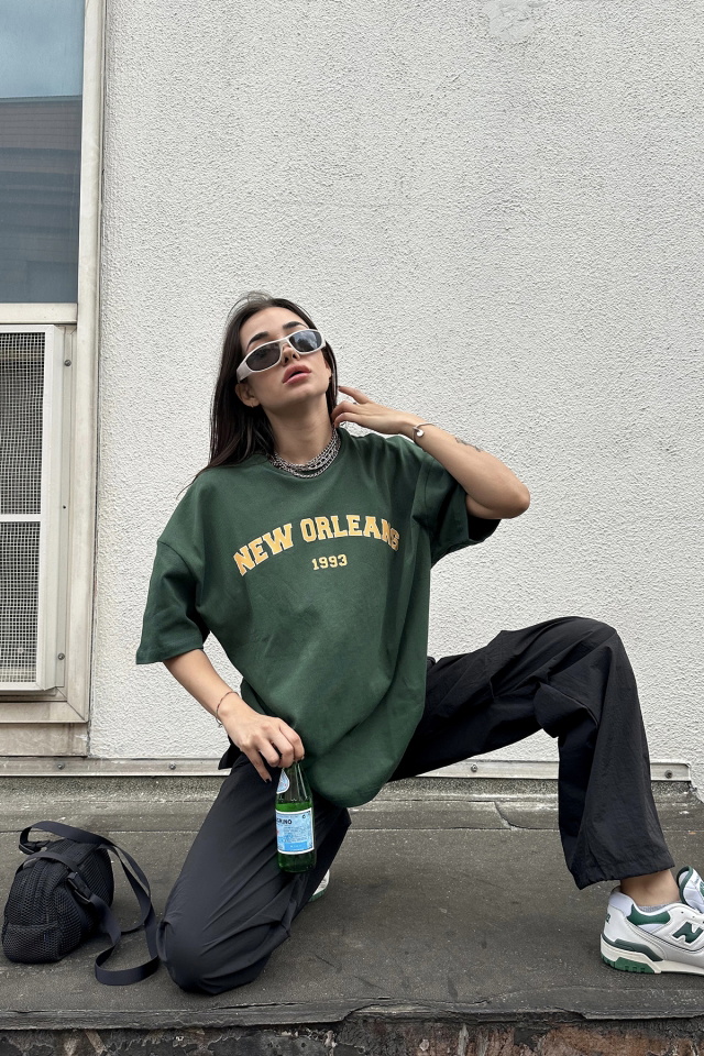 Yeşil New Orleans Yazılı Tişört ATE7287 - 4