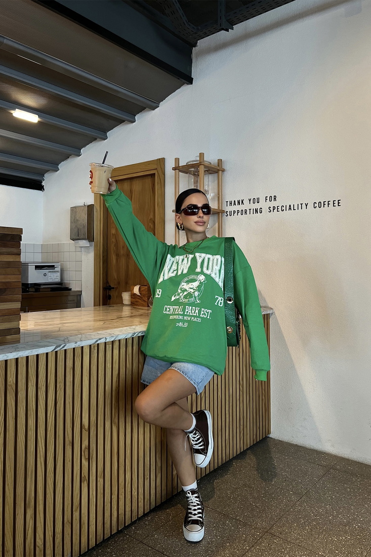 Yeşil New York Önü Baskılı Sweat ATE2326 - EYYO