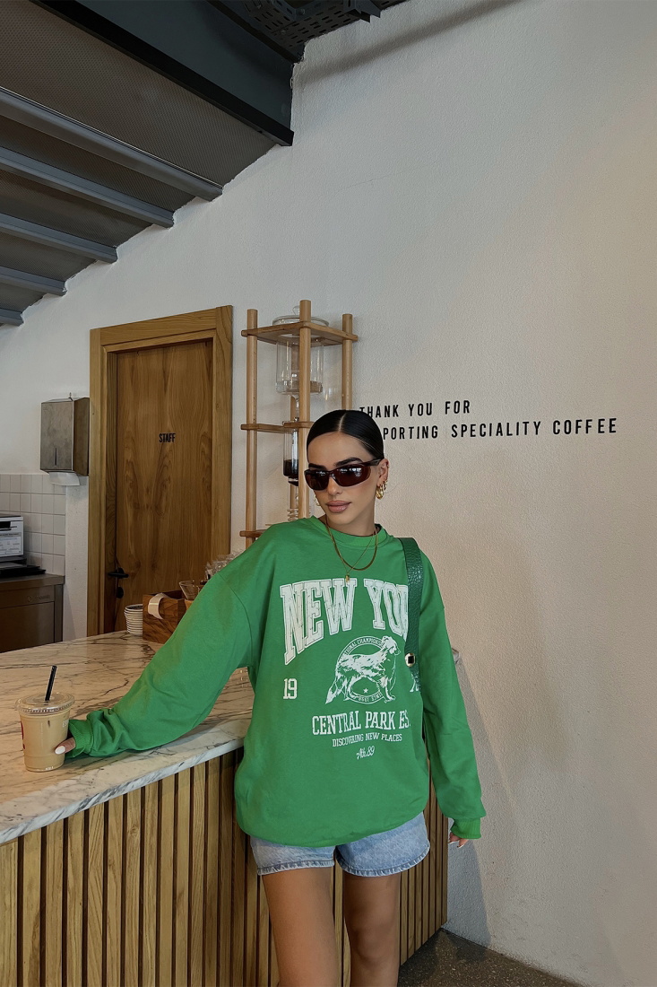 Yeşil New York Önü Baskılı Sweat ATE2326 - EYYO