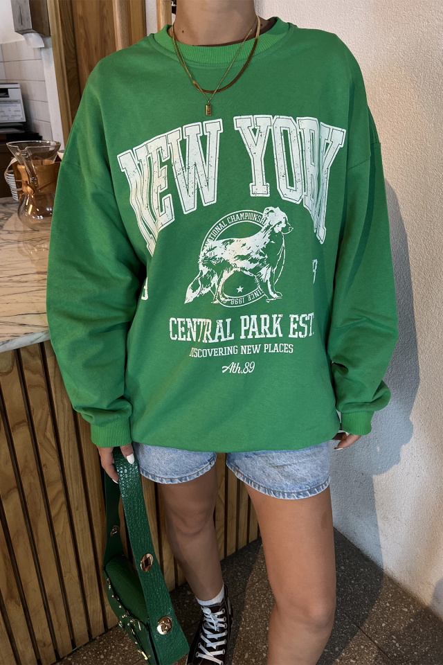 Yeşil New York Önü Baskılı Sweat ATE2326 - 2