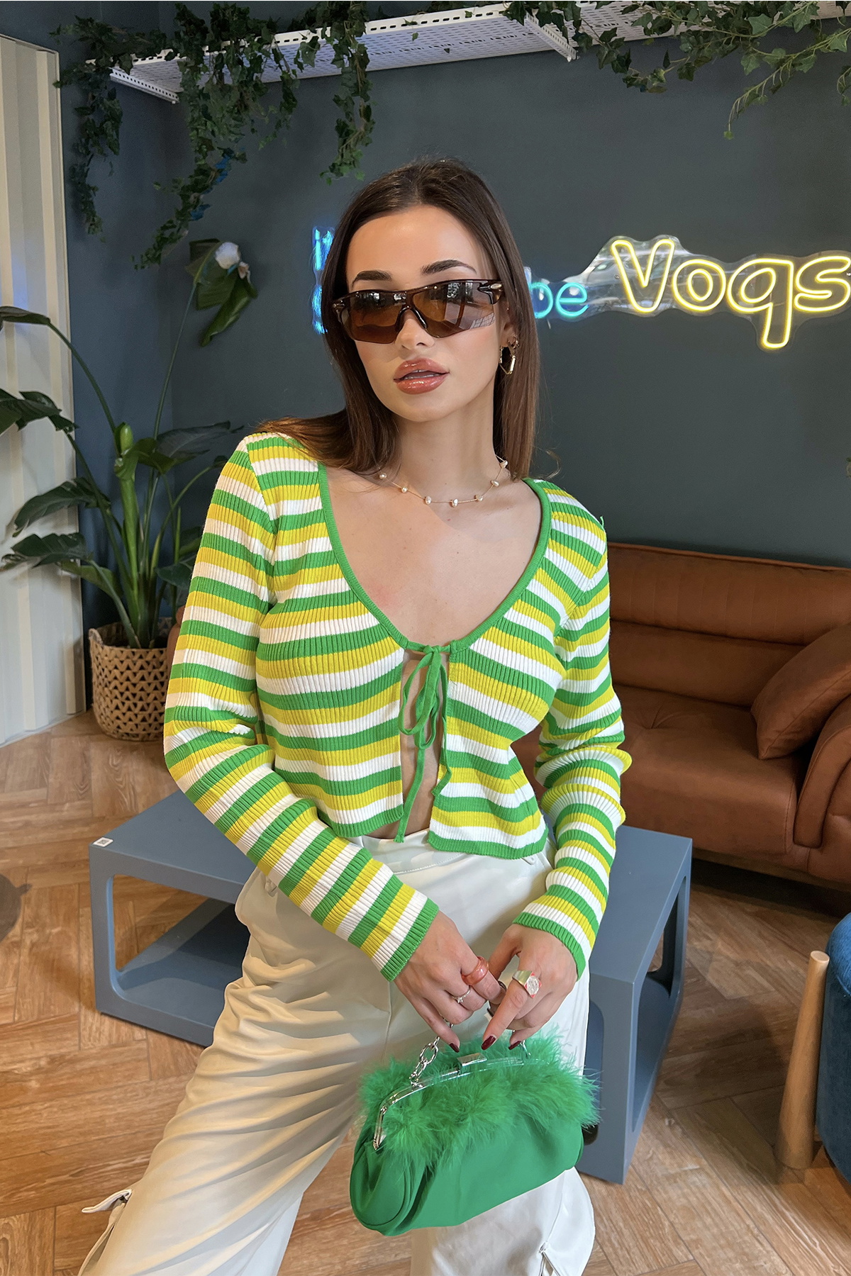 Yeşil Önden Bağlamalı Crop Hırka - 3