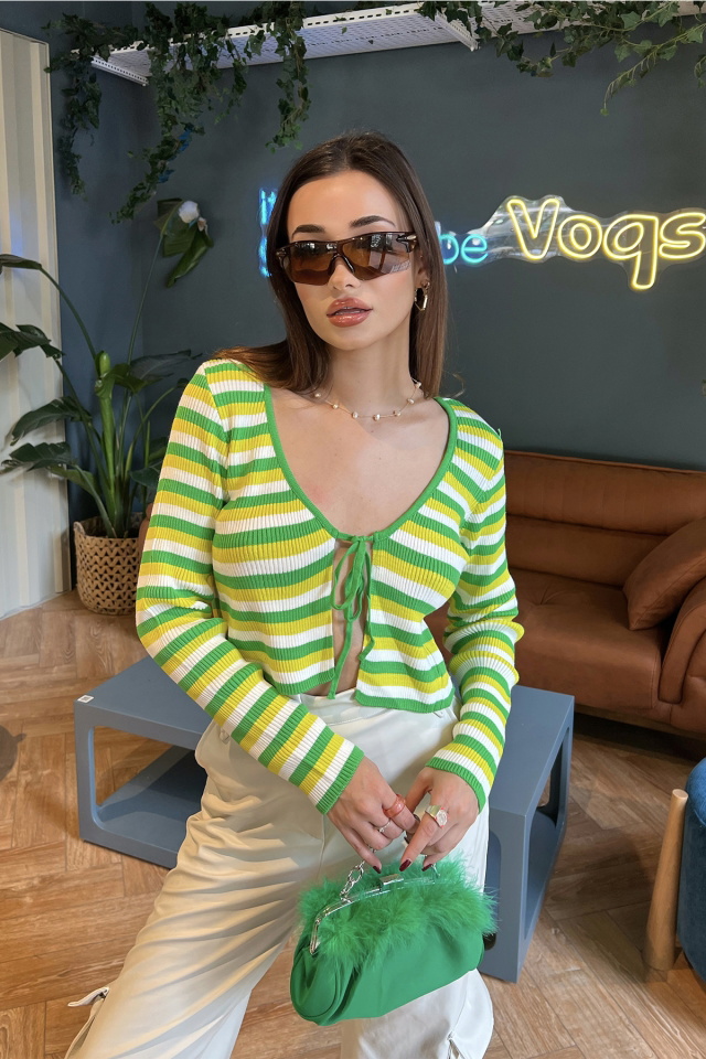 Yeşil Önden Bağlamalı Crop Hırka