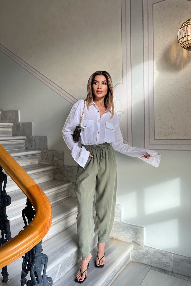 Yeşil Önden Bağlamalı Keten Pantolon ATE4116 - 4