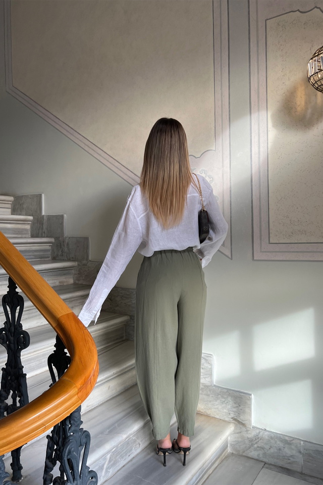 Yeşil Önden Bağlamalı Keten Pantolon ATE4116 - 5