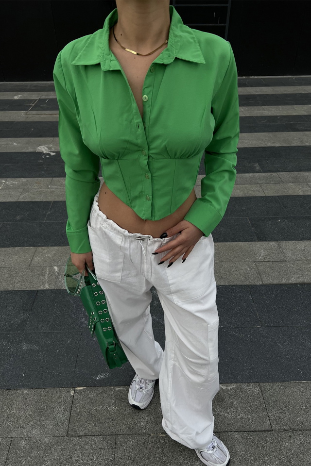 Yeşil Önü Düğmeli Crop Top ATE4174 - 2