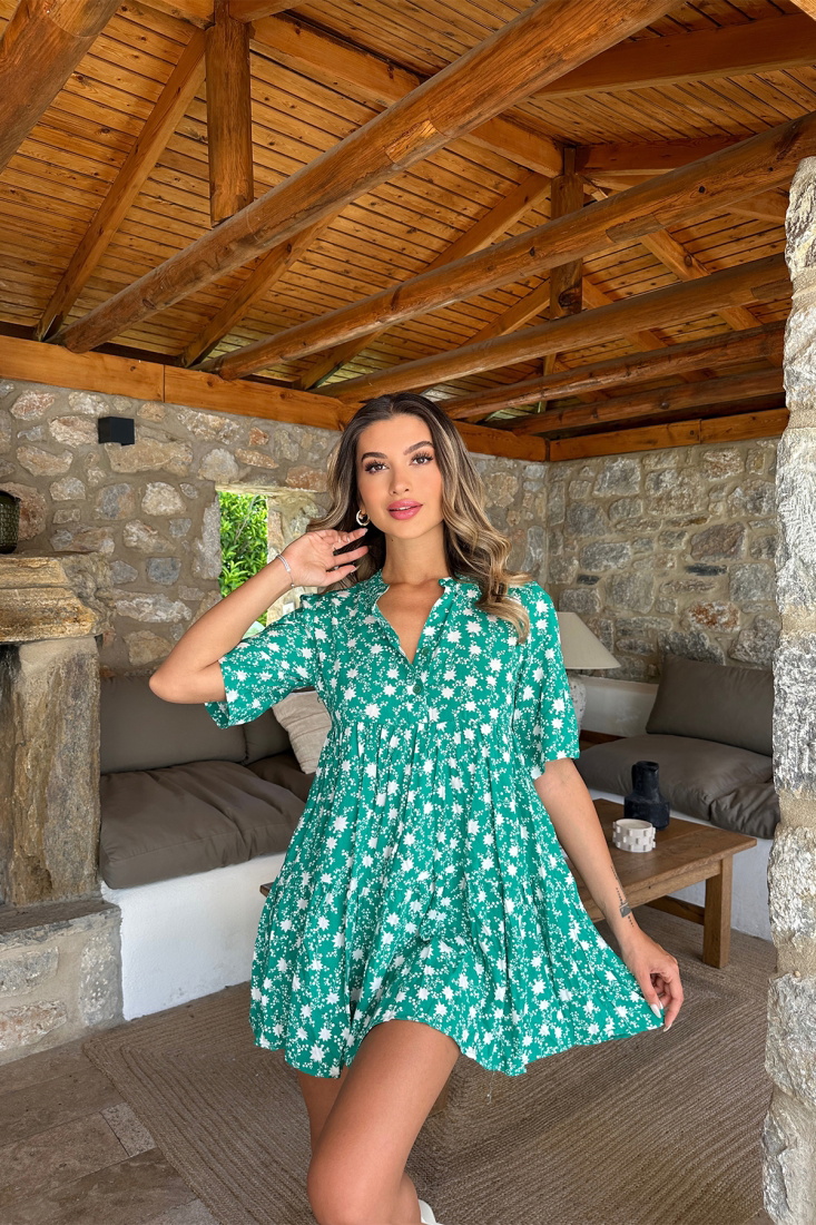 Yeşil Önü Düğmeli Mini Elbise ATE7244 - EYYO