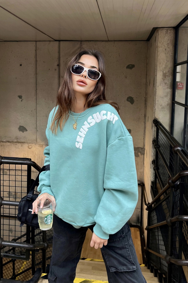 Yeşil Oversize Yazılı Sweat ATE3065 