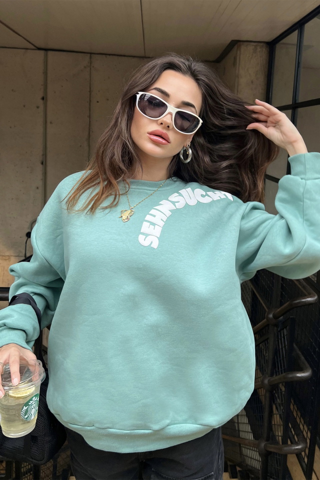 Yeşil Oversize Yazılı Sweat ATE3065 - 2