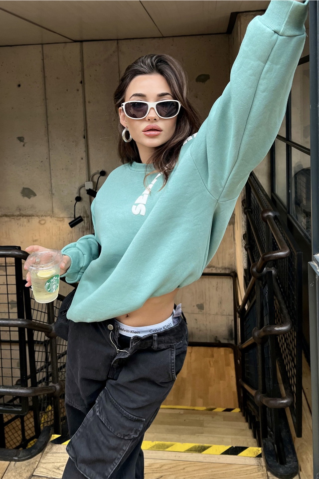 Yeşil Oversize Yazılı Sweat ATE3065 - 4