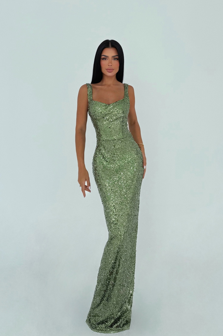 Yeşil Loire Işıltılı Payetli Uzun Elbise ATE-3430 - EYYO