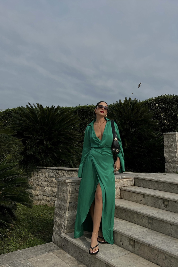 Yeşil Saten Gömlek Yaka Elbise ATE2194 - EYYO