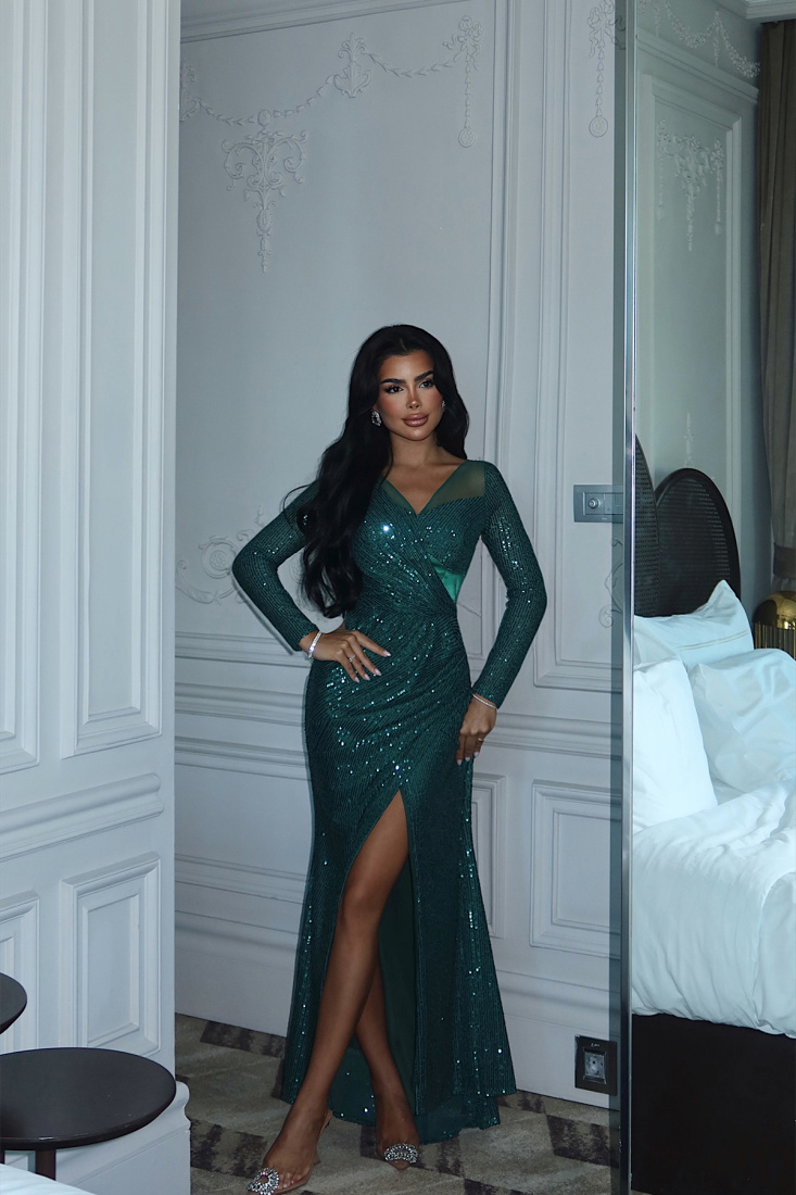 Yeşil Tamera Uzun Kollu Payetli Abiye ATE-3413 - EYYO