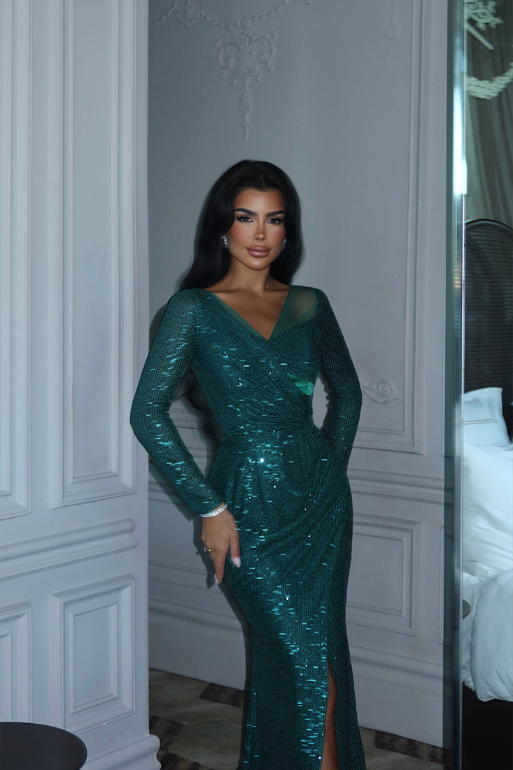 Yeşil Tamera Uzun Kollu Payetli Abiye ATE-3413 - EYYO