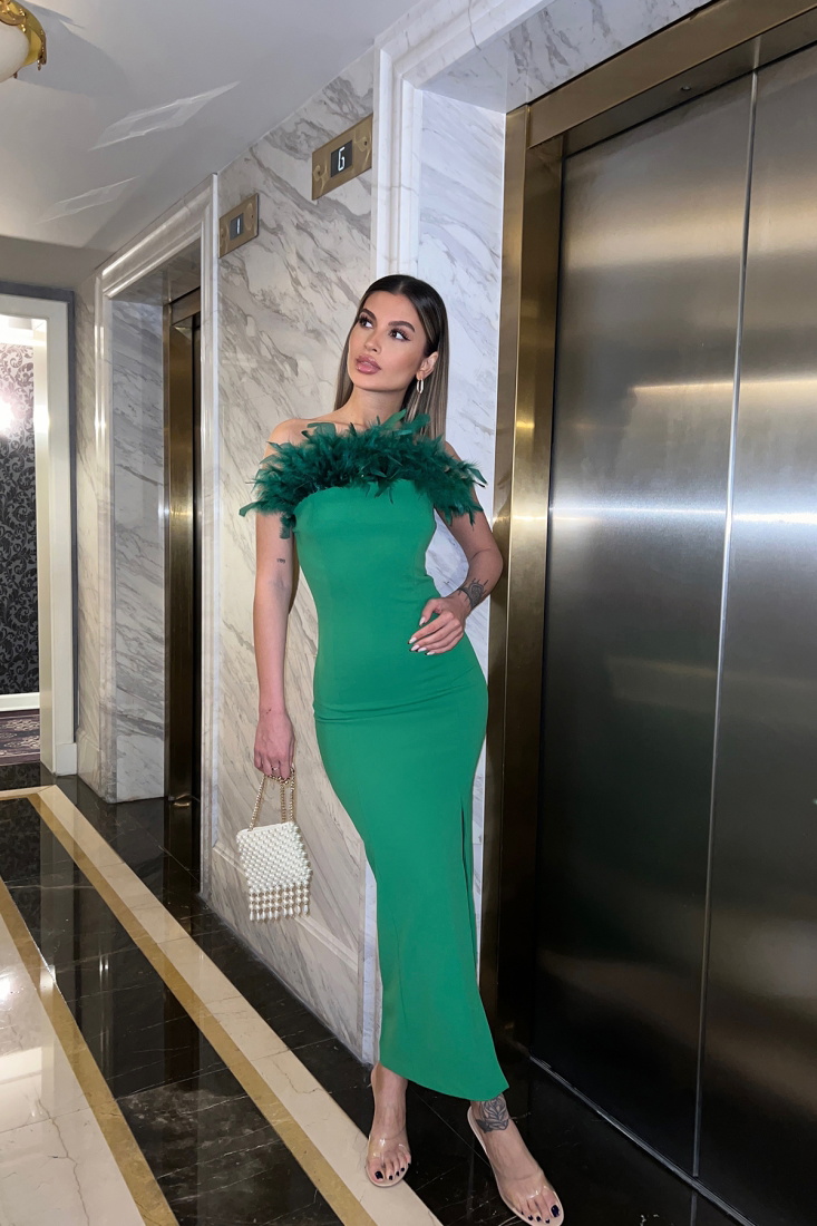 Yeşil Straplez Tüy Detay Elbise ATE4659 - EYYO