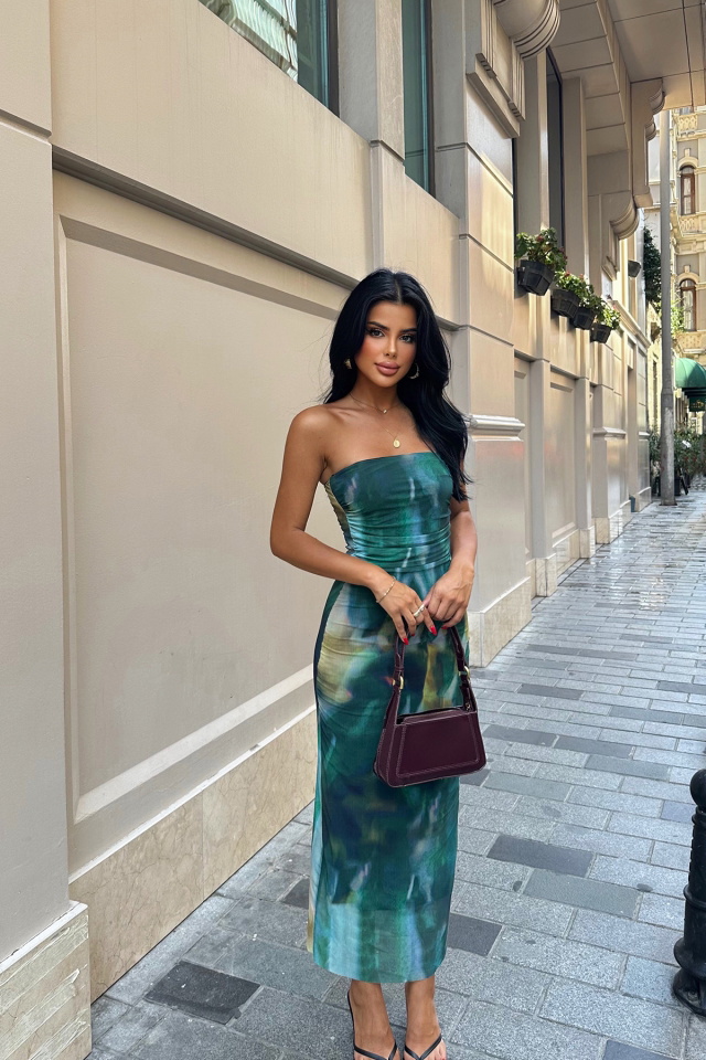 Yeşil Straplez Uzun Elbise ATE7768 - 3