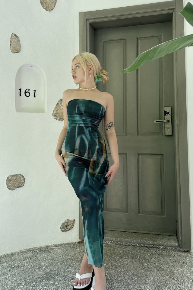 Yeşil Straplez Uzun Elbise ATE7768 - 8