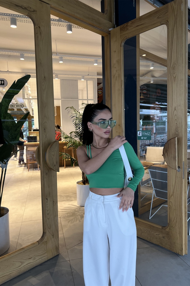Yeşil Tek Kol Crop Top ATE3012 - 4